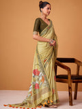 Marvelous Green Floral Printed Cotton Casual Wear Saree With Blouse