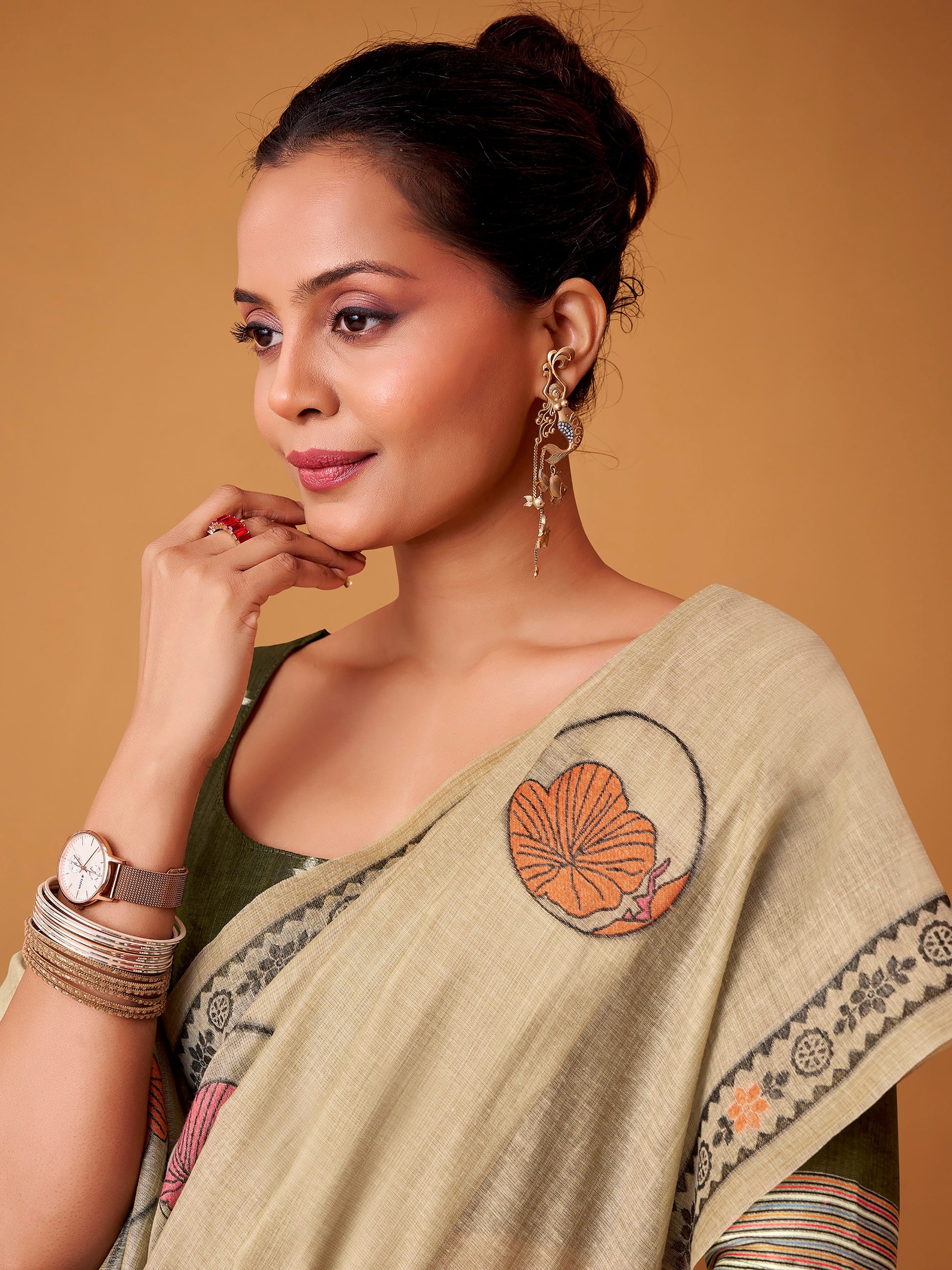 Stunning Beige Digital Printed Cotton Office Wear Saree With Blouse