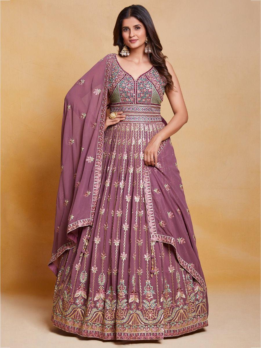 Pretty Dusty Pink Sequins Georgette Wedding Wear Gown With Dupatta