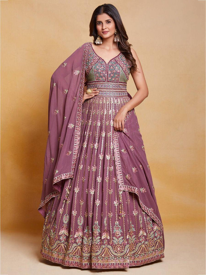 Pretty Dusty Pink Sequins Georgette Wedding Wear Gown With Dupatta
