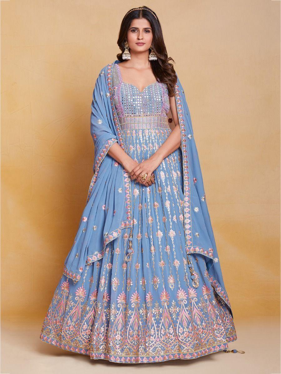 Incredible Coral Blue Sequins Georgette Gown With Dupatta
