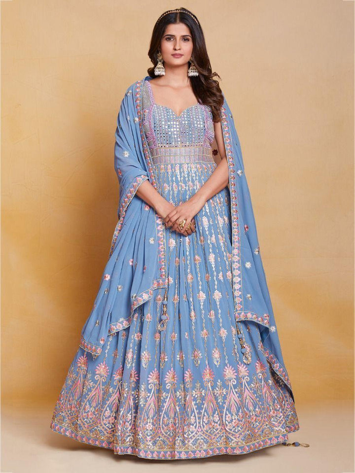 Incredible Coral Blue Sequins Georgette Gown With Dupatta