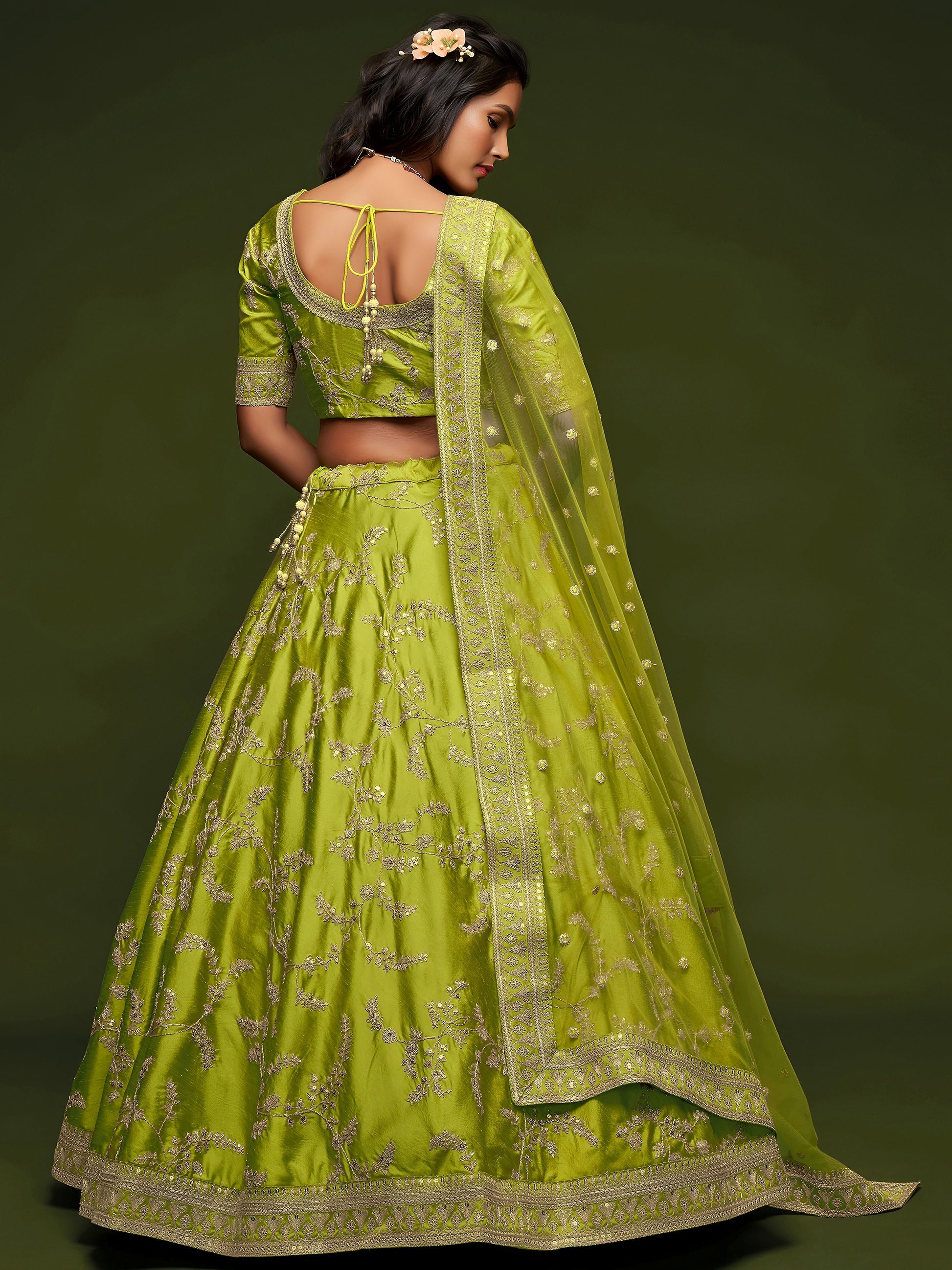 Awesome Neon Green Thread Embroidery Art Silk Wedding Lehenga Choli