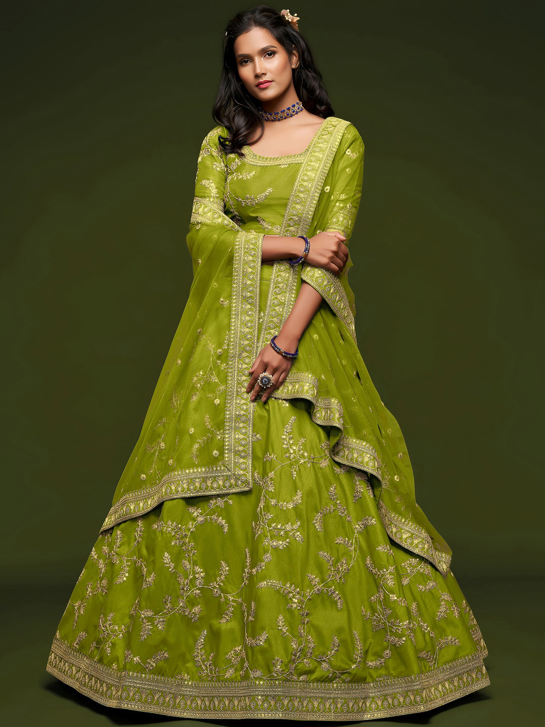 Awesome Neon Green Thread Embroidery Art Silk Wedding Lehenga Choli