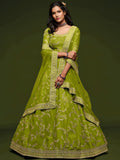 Awesome Neon Green Thread Embroidery Art Silk Wedding Lehenga Choli