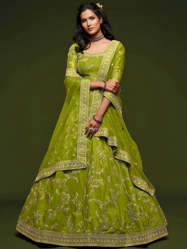 Awesome Neon Green Thread Embroidery Art Silk Wedding Lehenga Choli