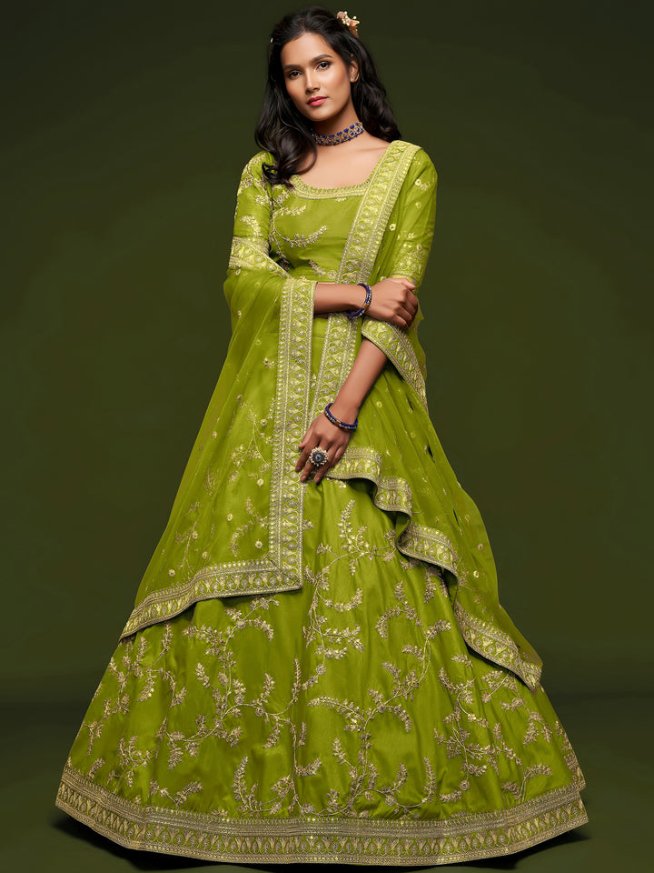 Awesome Neon Green Thread Embroidery Art Silk Wedding Lehenga Choli