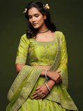 Awesome Neon Green Thread Embroidery Art Silk Wedding Lehenga Choli