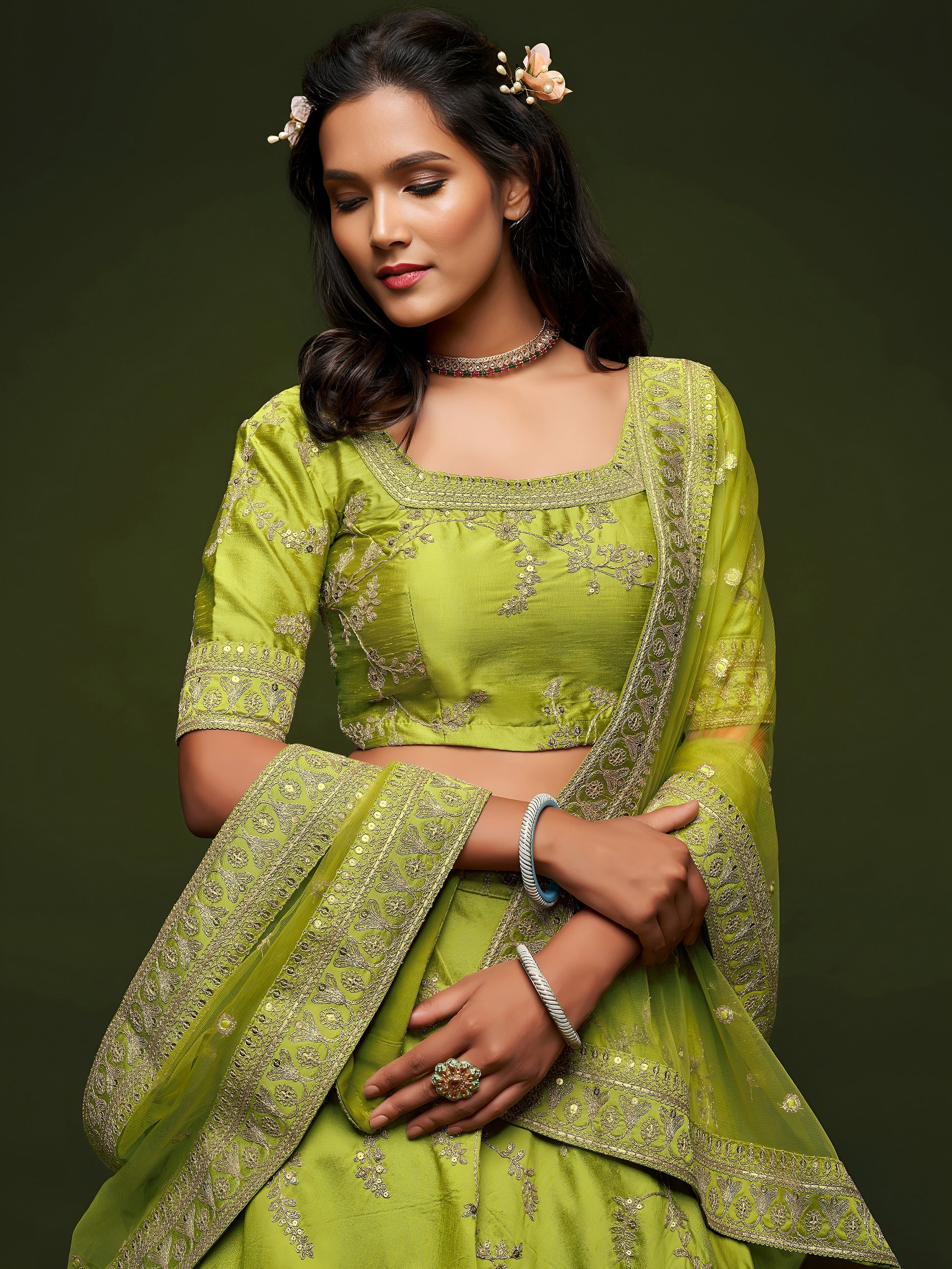 Awesome Neon Green Thread Embroidery Art Silk Wedding Lehenga Choli