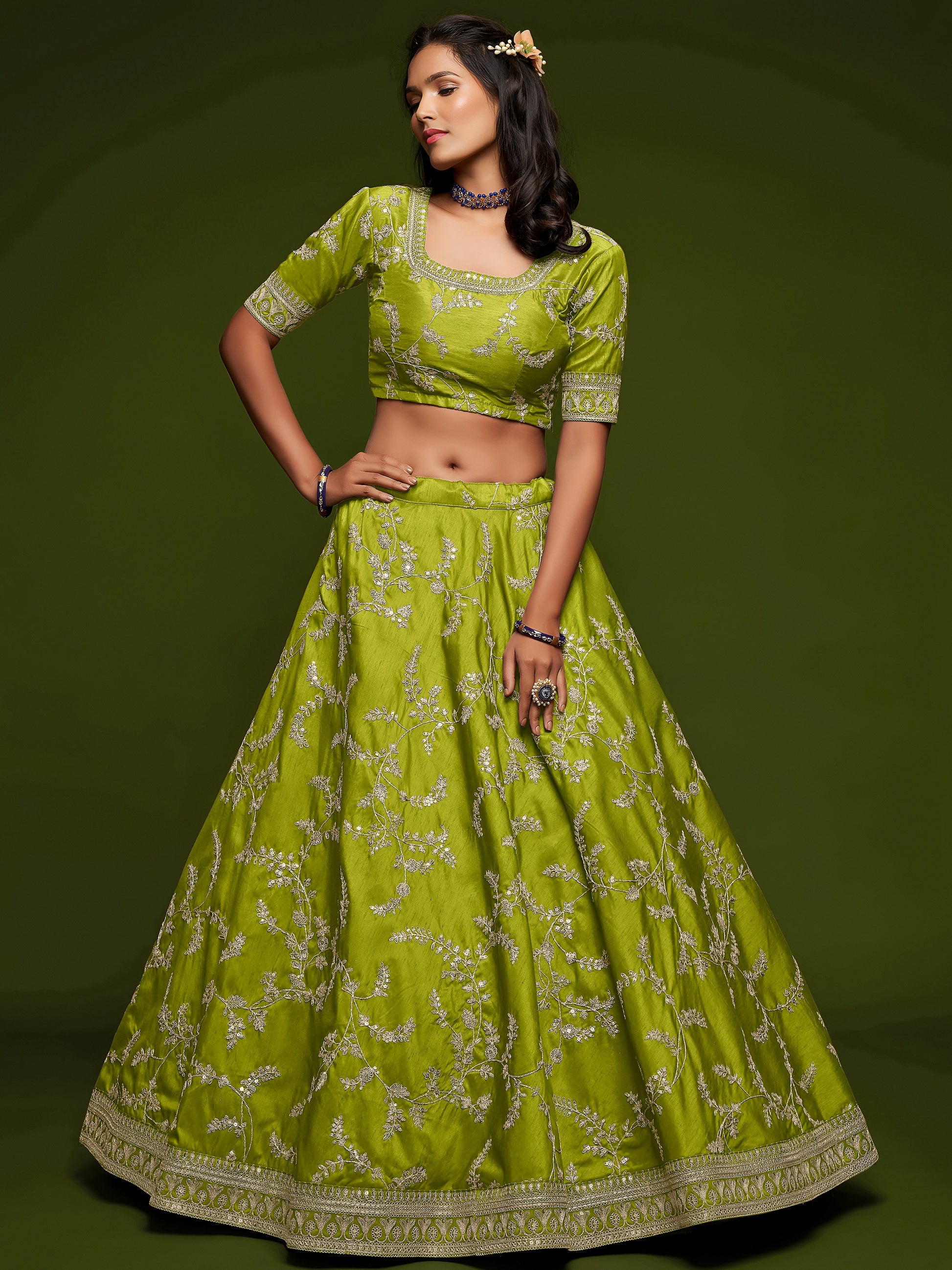 Awesome Neon Green Thread Embroidery Art Silk Wedding Lehenga Choli