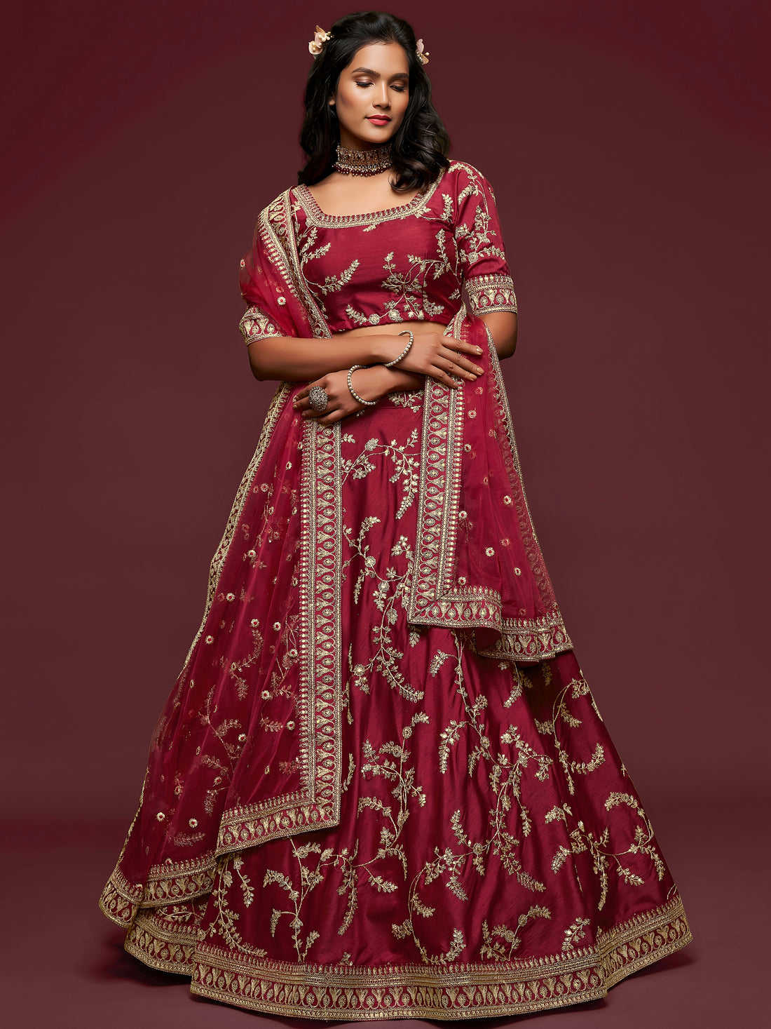 Super Maroon Thread Embroidery Art Silk Wedding Lehenga Choli