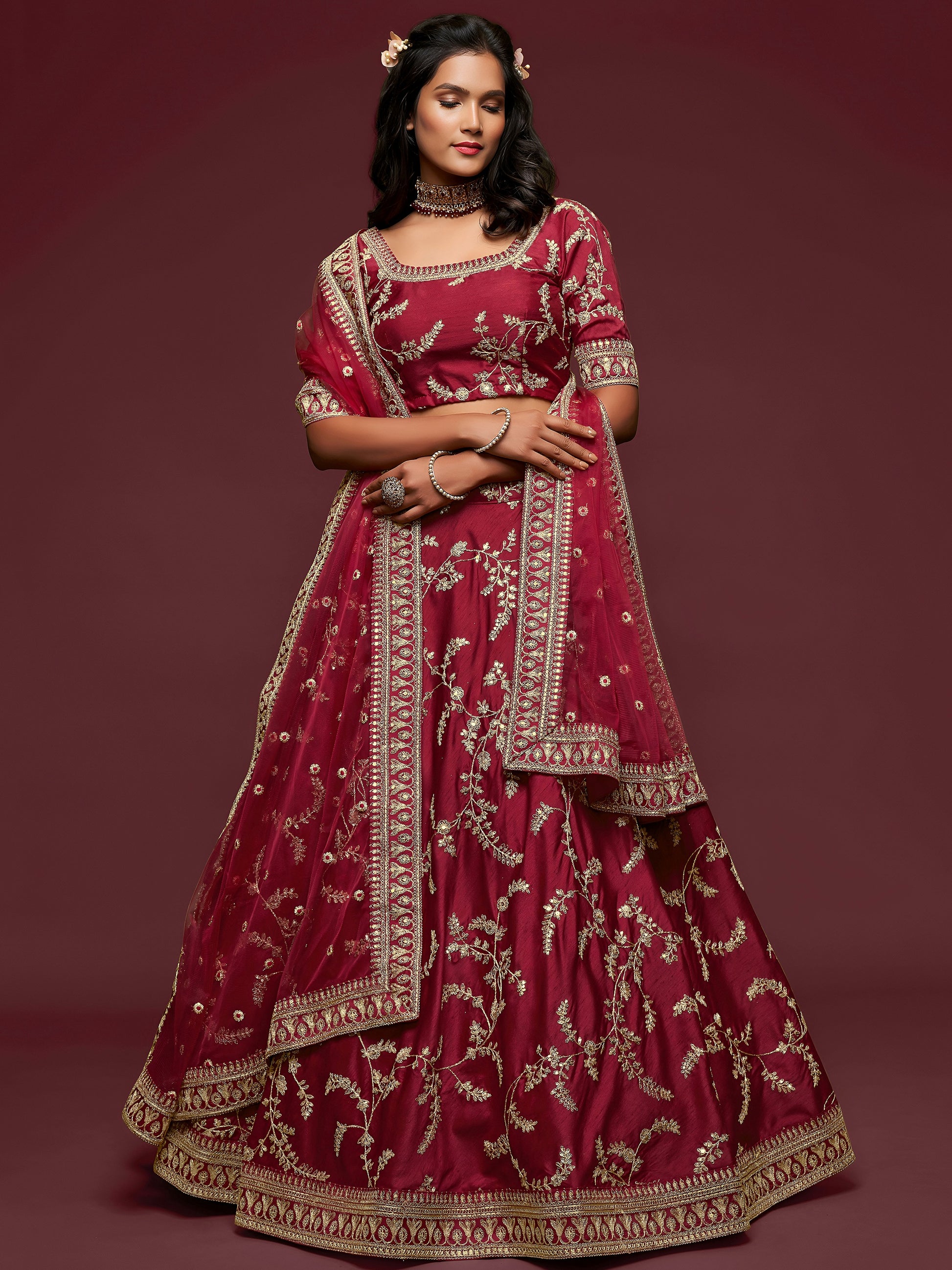Super Maroon Thread Embroidery Art Silk Wedding Lehenga Choli