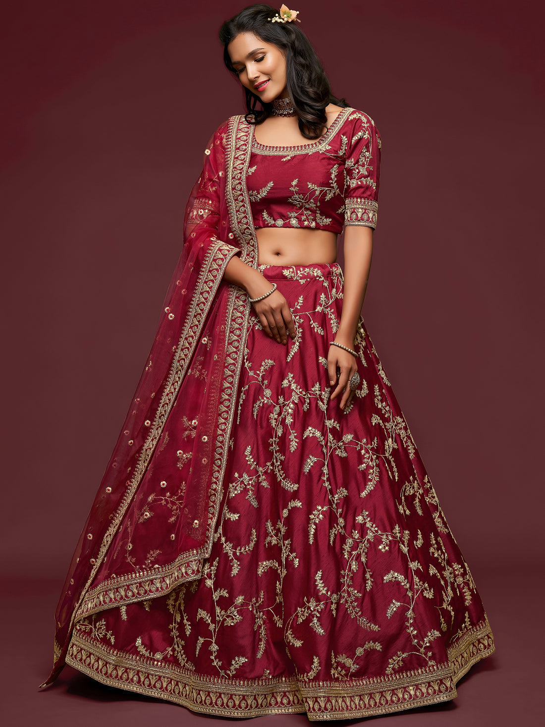 Super Maroon Thread Embroidery Art Silk Wedding Lehenga Choli