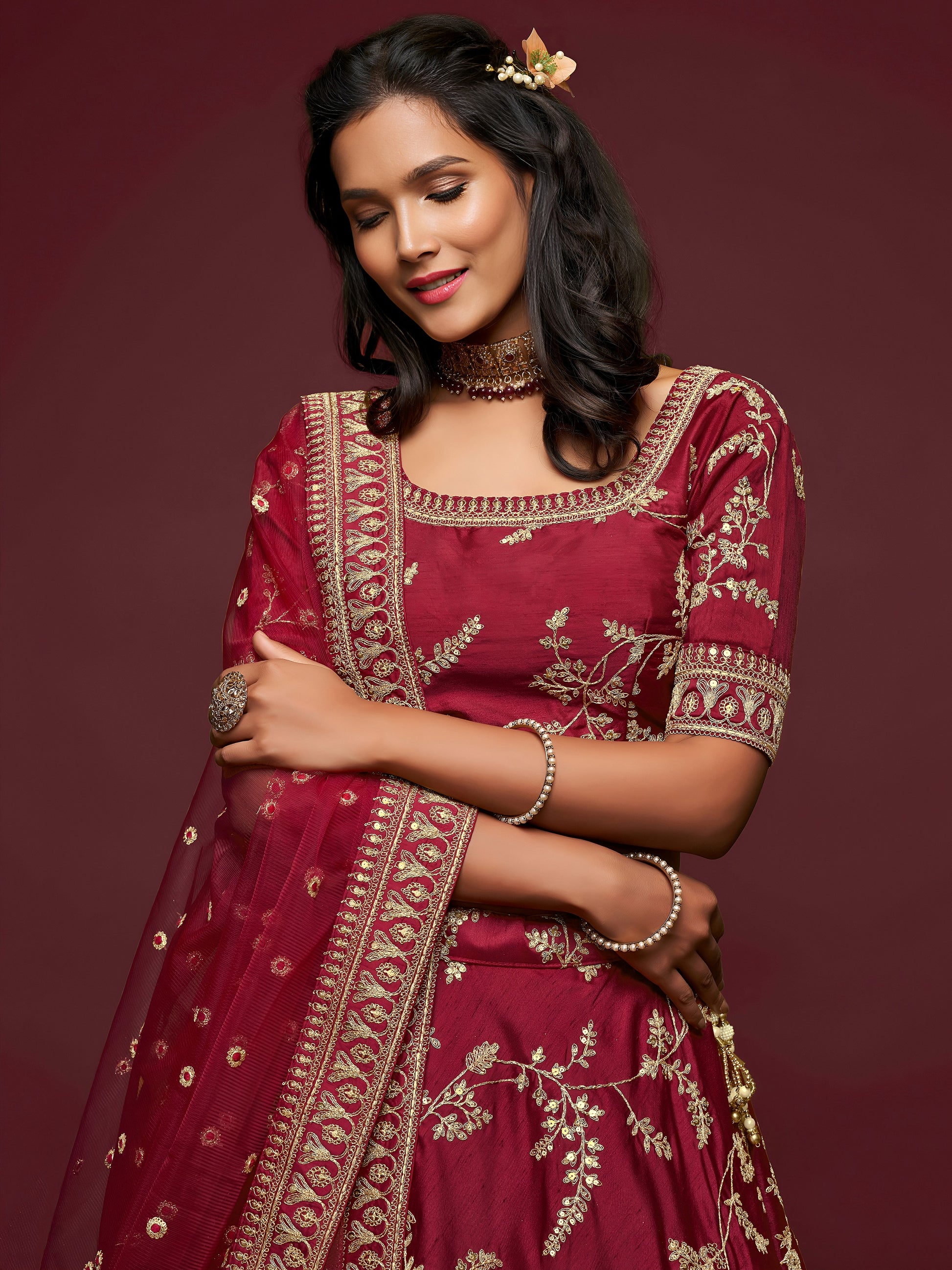 Super Maroon Thread Embroidery Art Silk Wedding Lehenga Choli