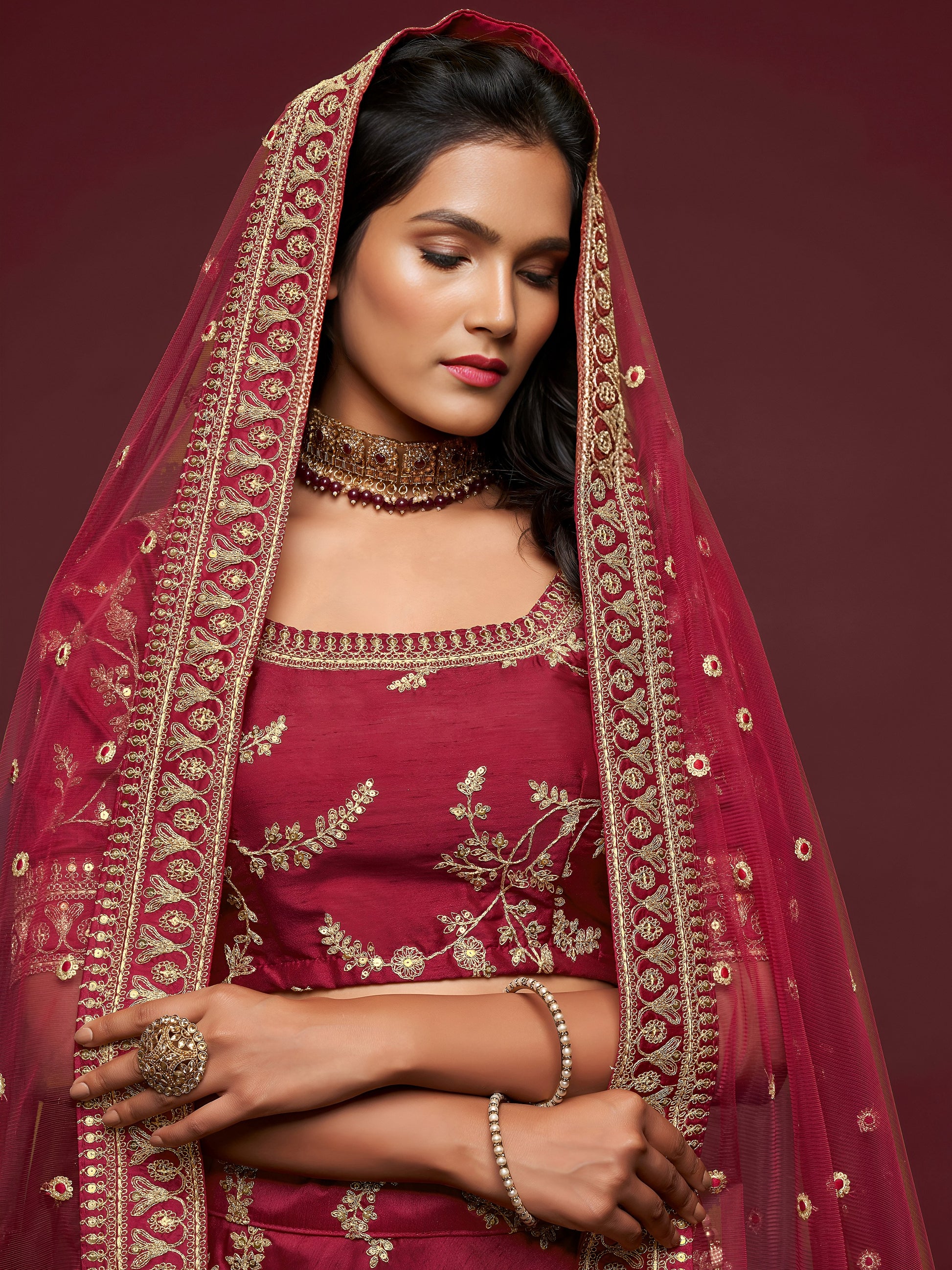 Super Maroon Thread Embroidery Art Silk Wedding Lehenga Choli