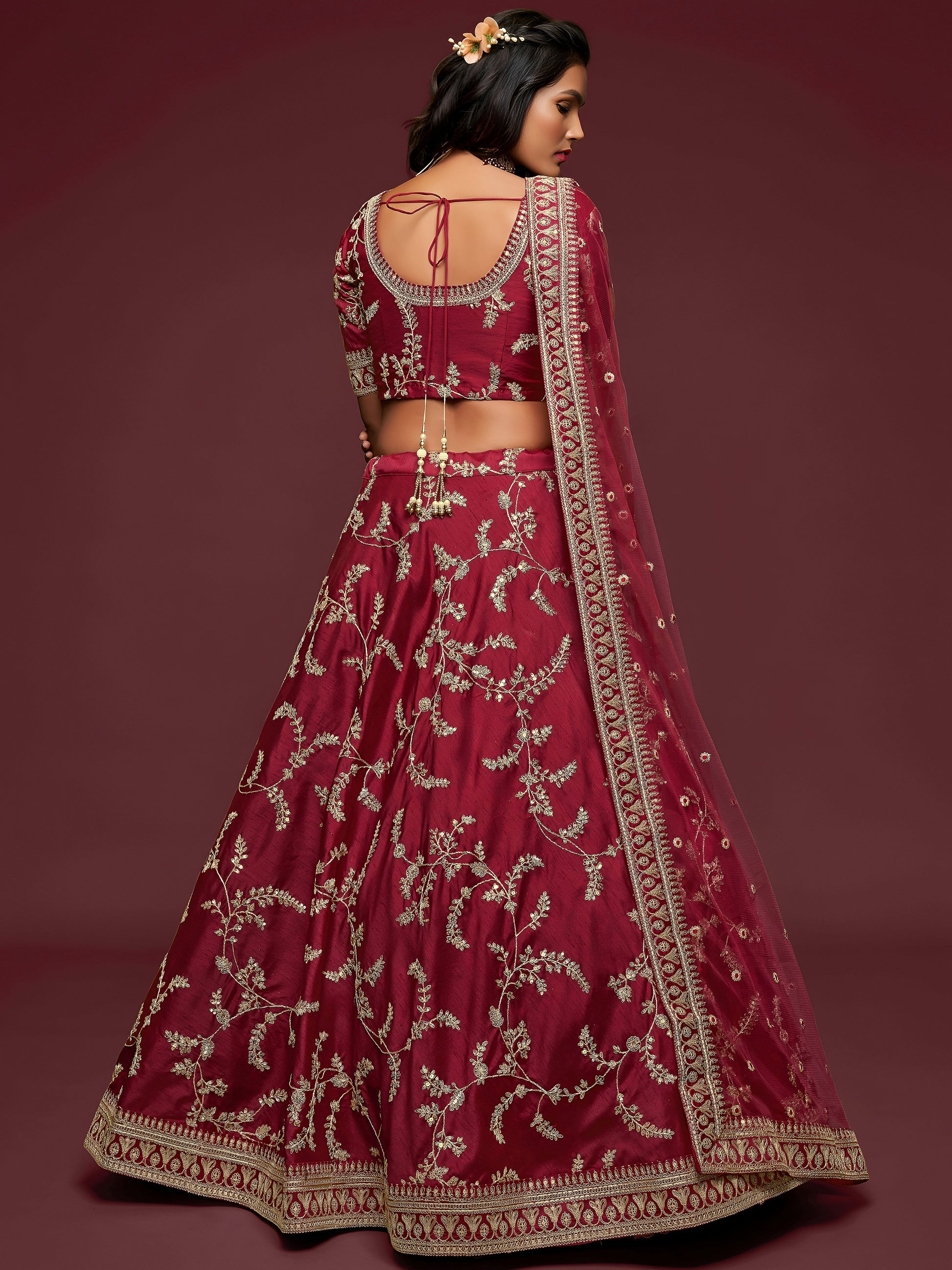 Super Maroon Thread Embroidery Art Silk Wedding Lehenga Choli