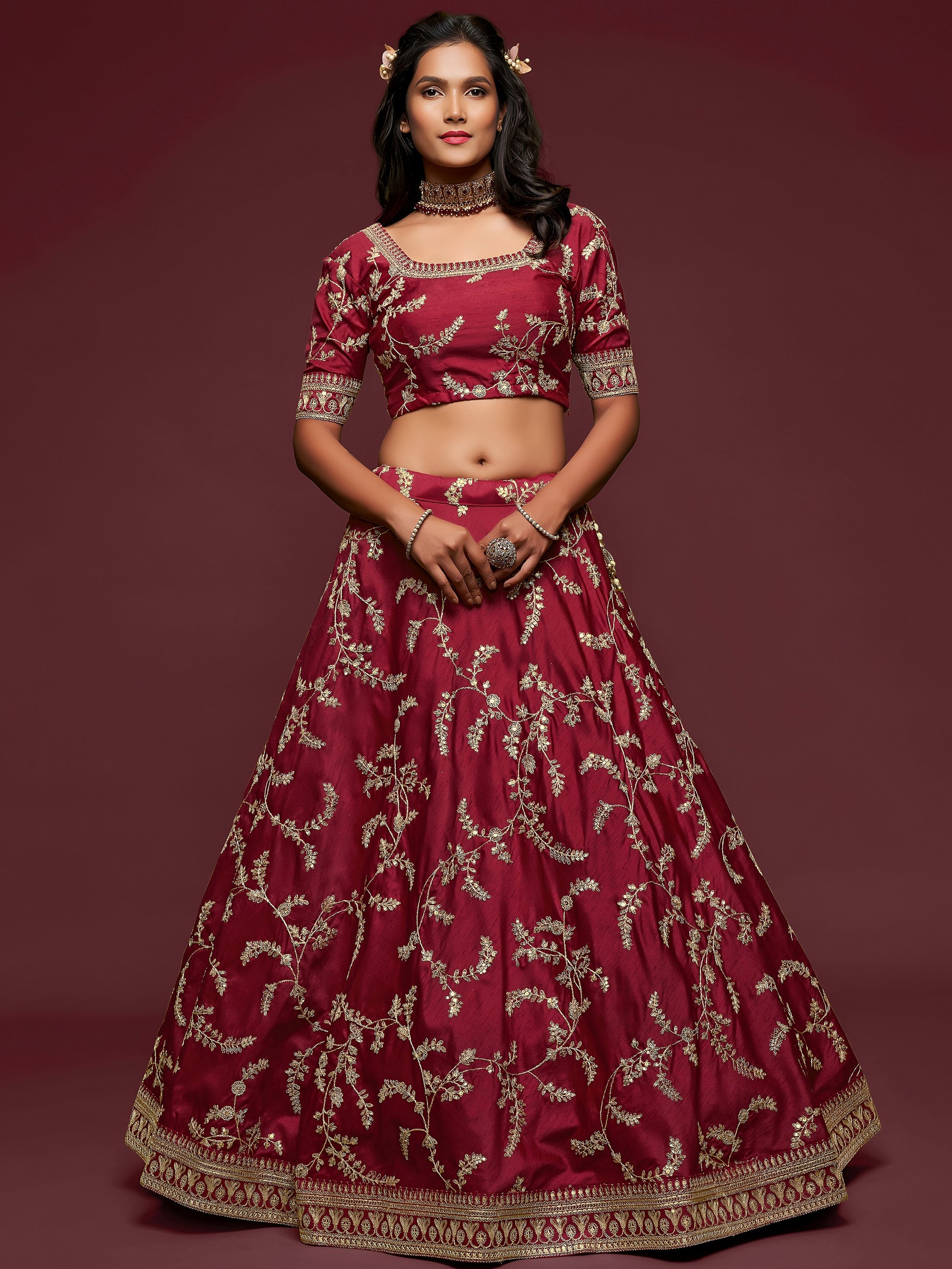 Super Maroon Thread Embroidery Art Silk Wedding Lehenga Choli