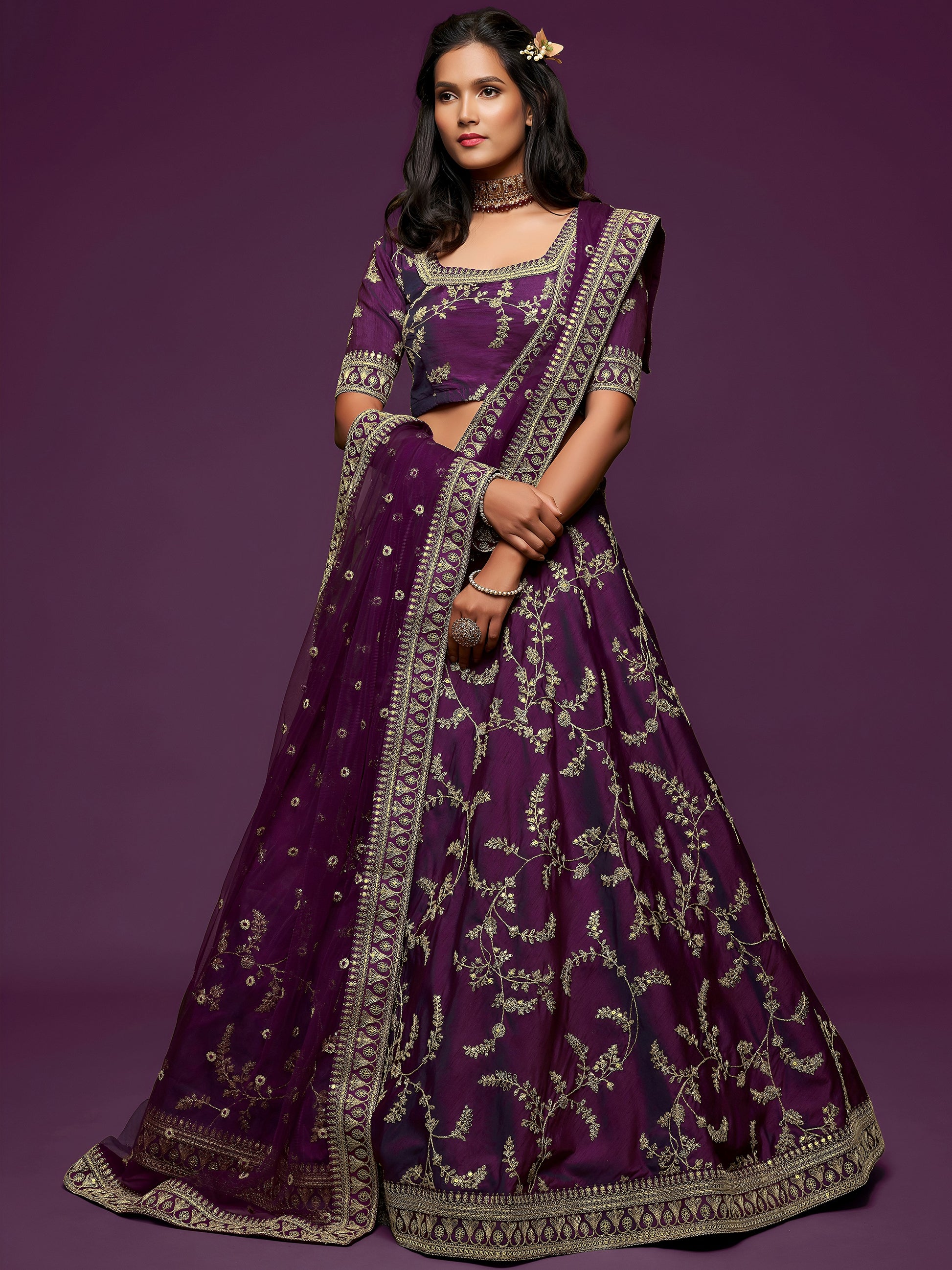 Pleasing Purple Thread Embroidery Art Silk Wedding Lehenga Choli
