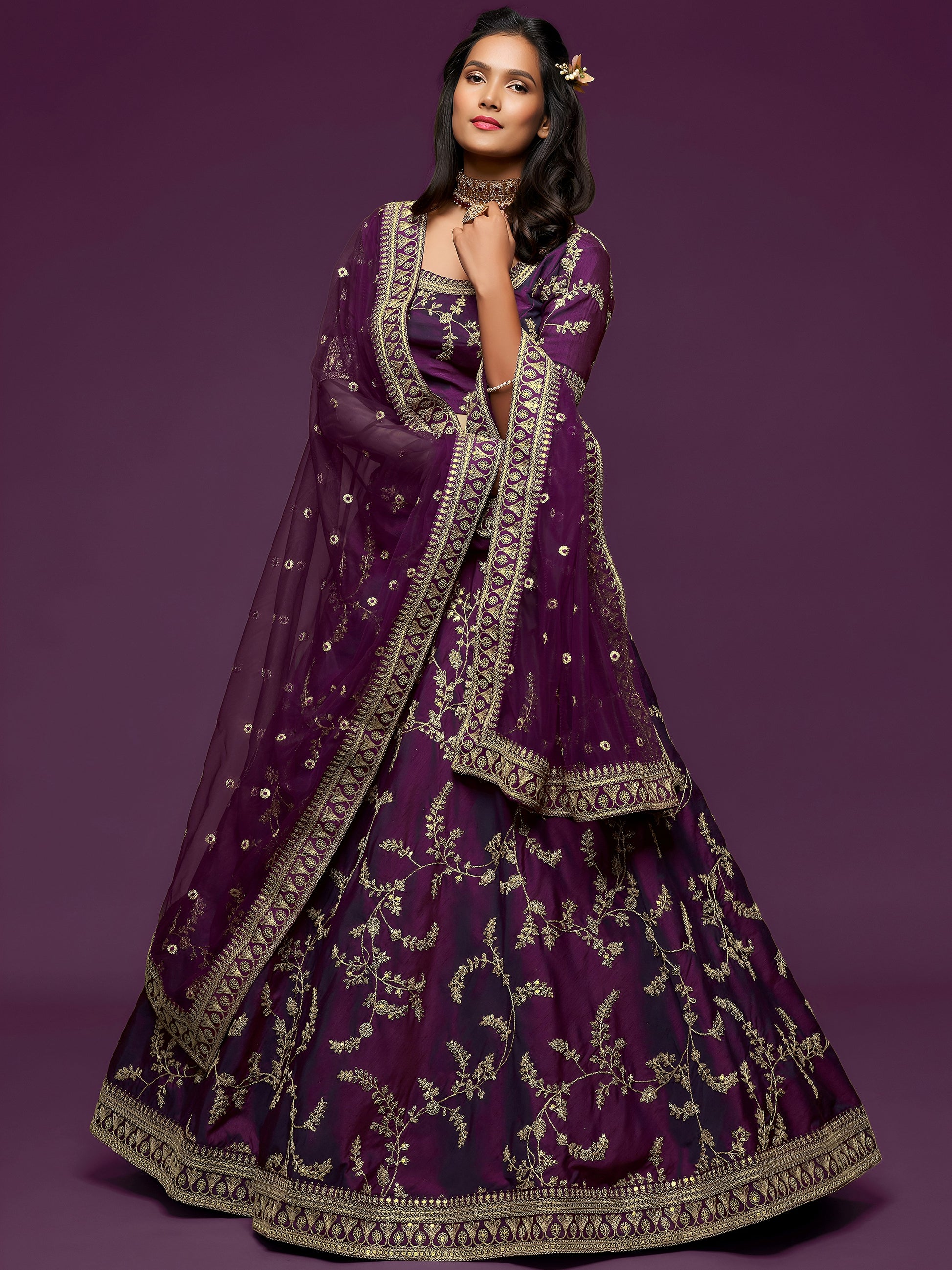 Pleasing Purple Thread Embroidery Art Silk Wedding Lehenga Choli