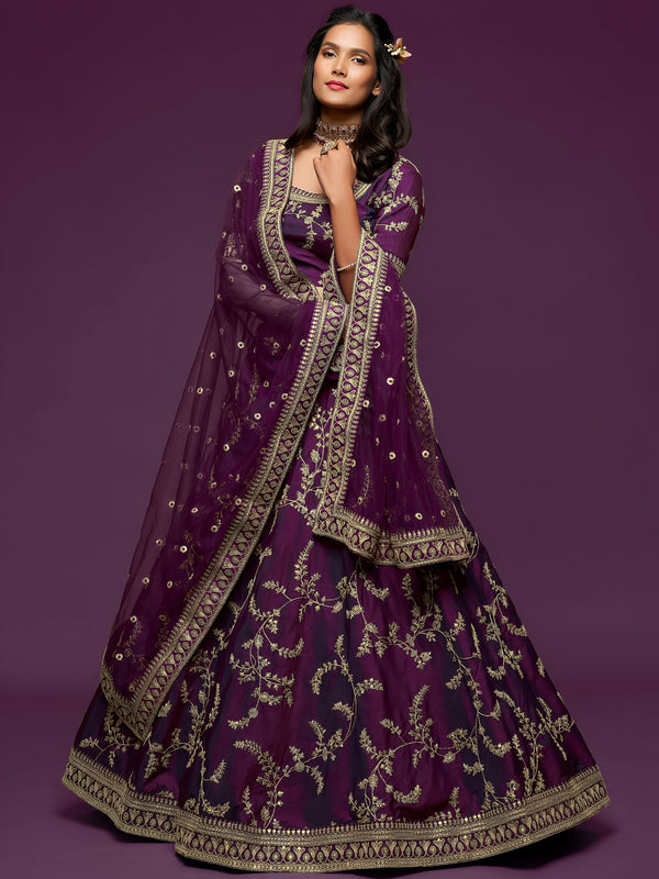 Pleasing Purple Thread Embroidery Art Silk Wedding Lehenga Choli