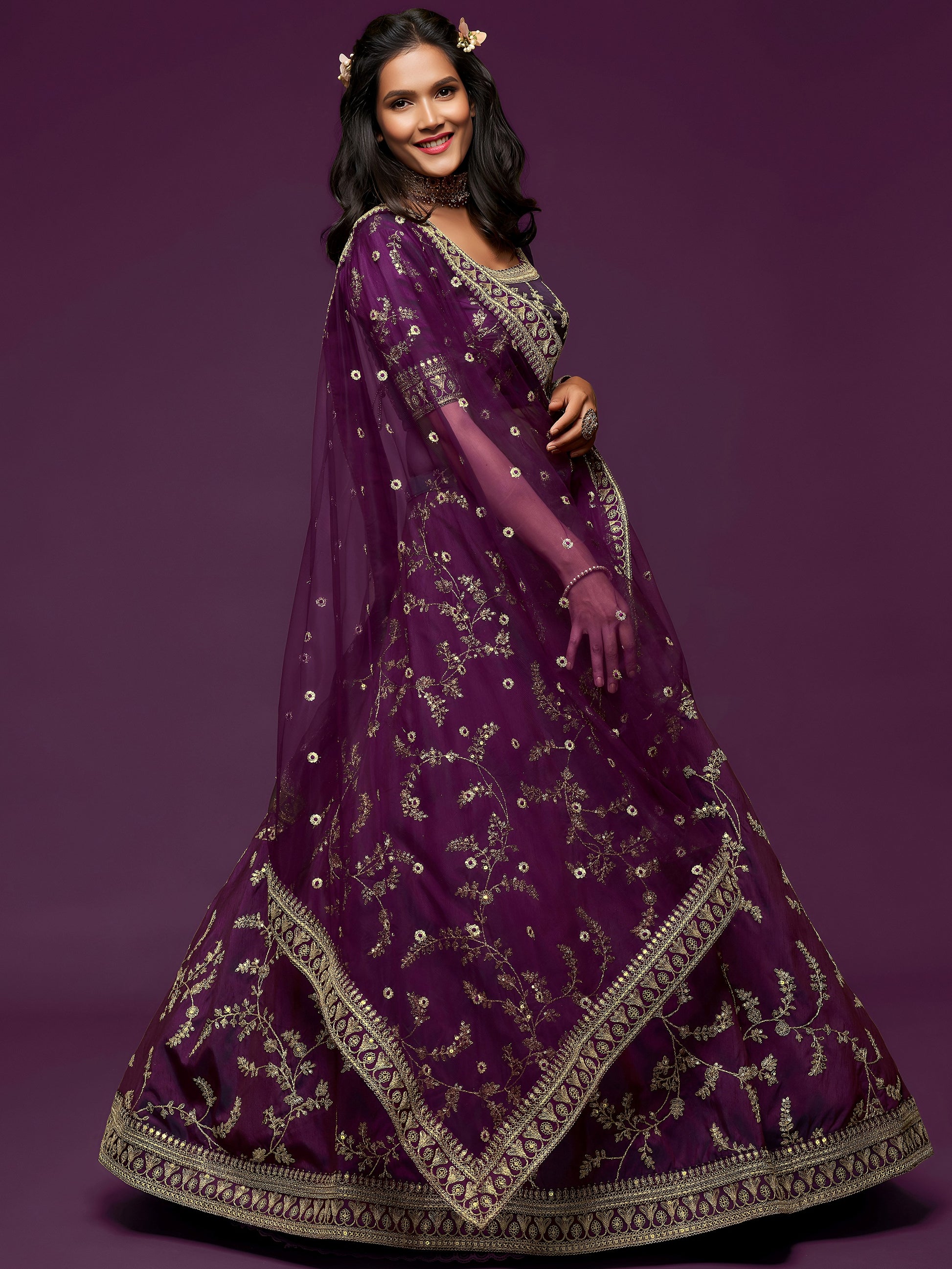 Pleasing Purple Thread Embroidery Art Silk Wedding Lehenga Choli
