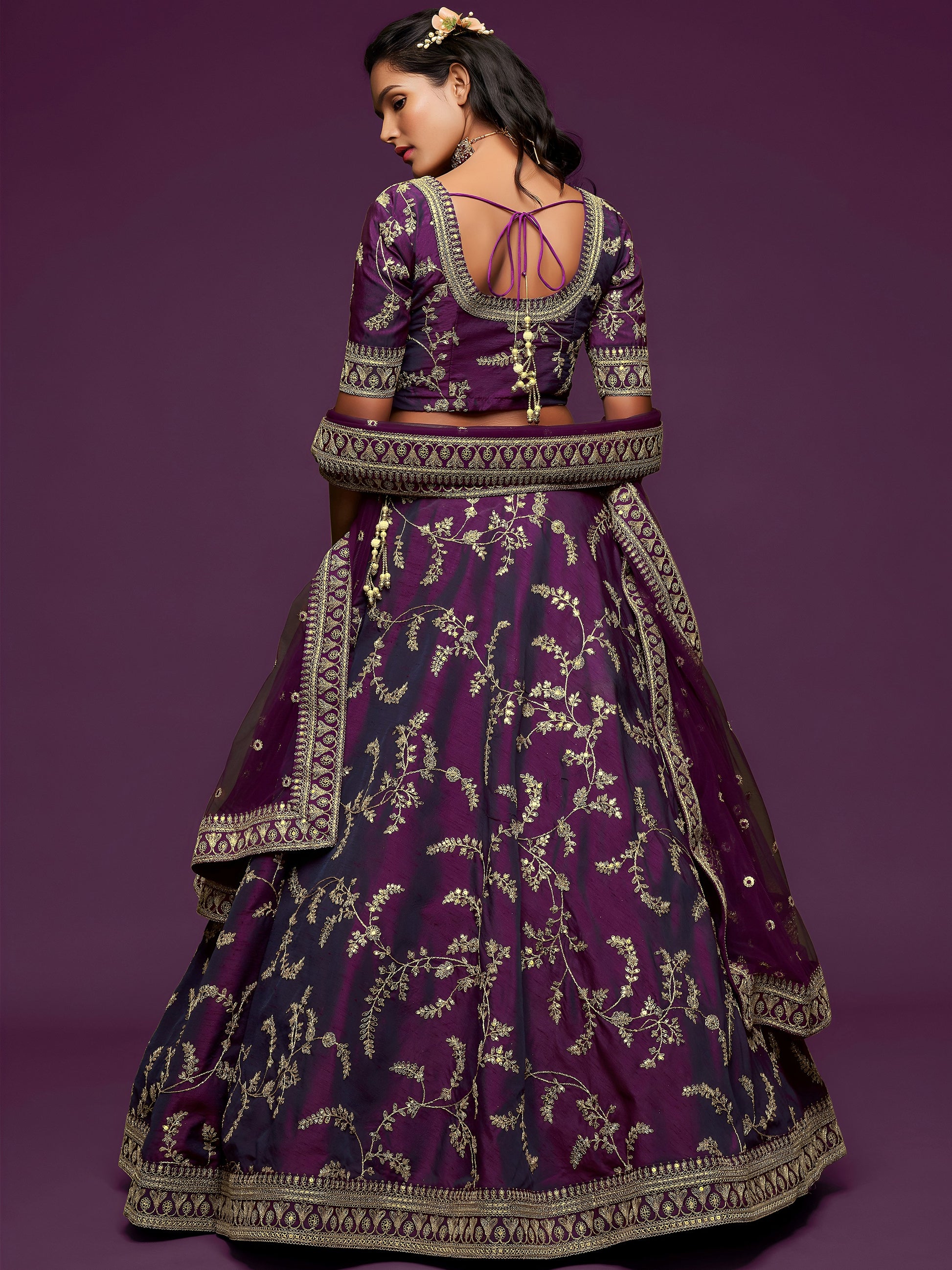 Pleasing Purple Thread Embroidery Art Silk Wedding Lehenga Choli