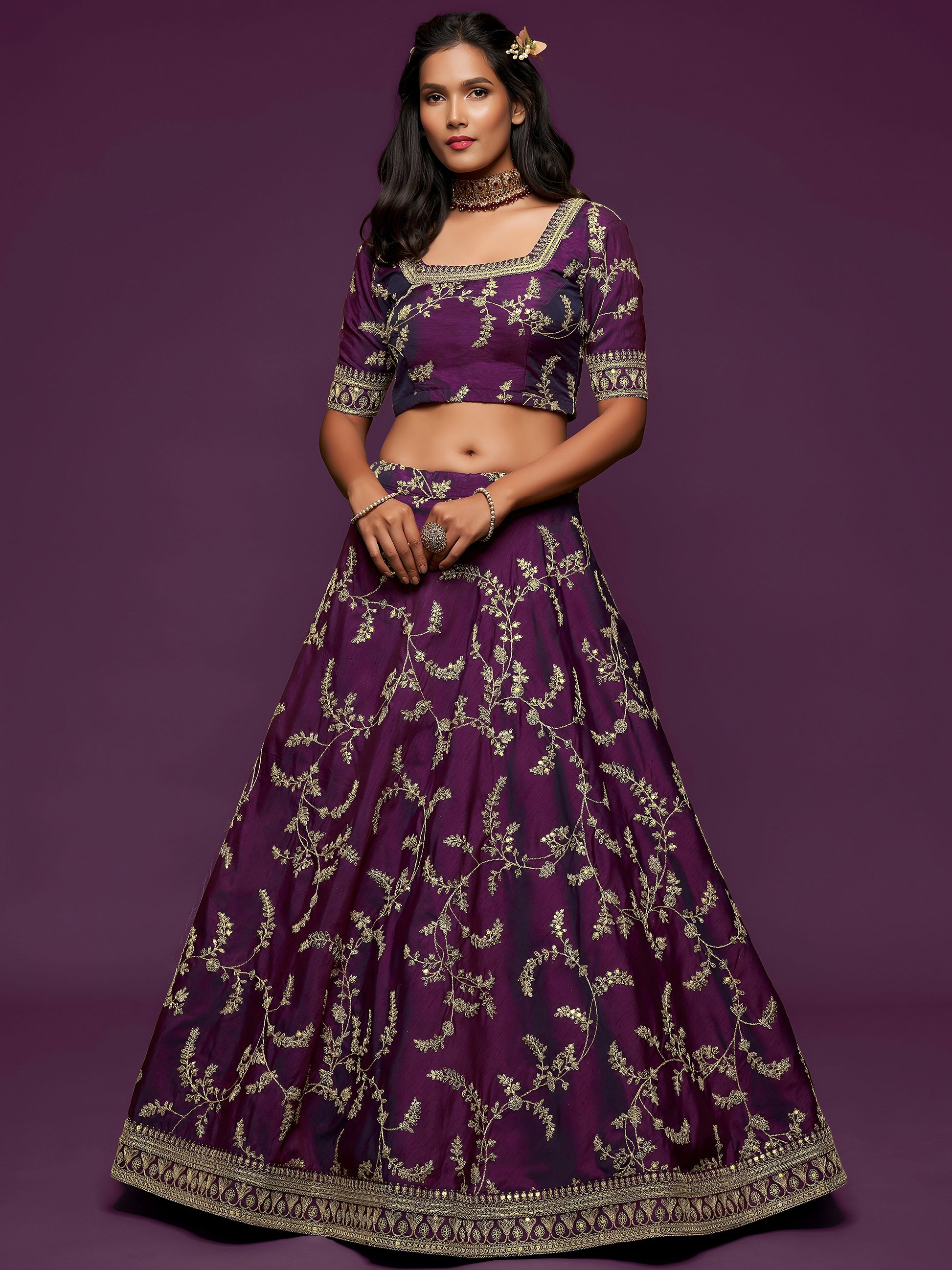 Pleasing Purple Thread Embroidery Art Silk Wedding Lehenga Choli
