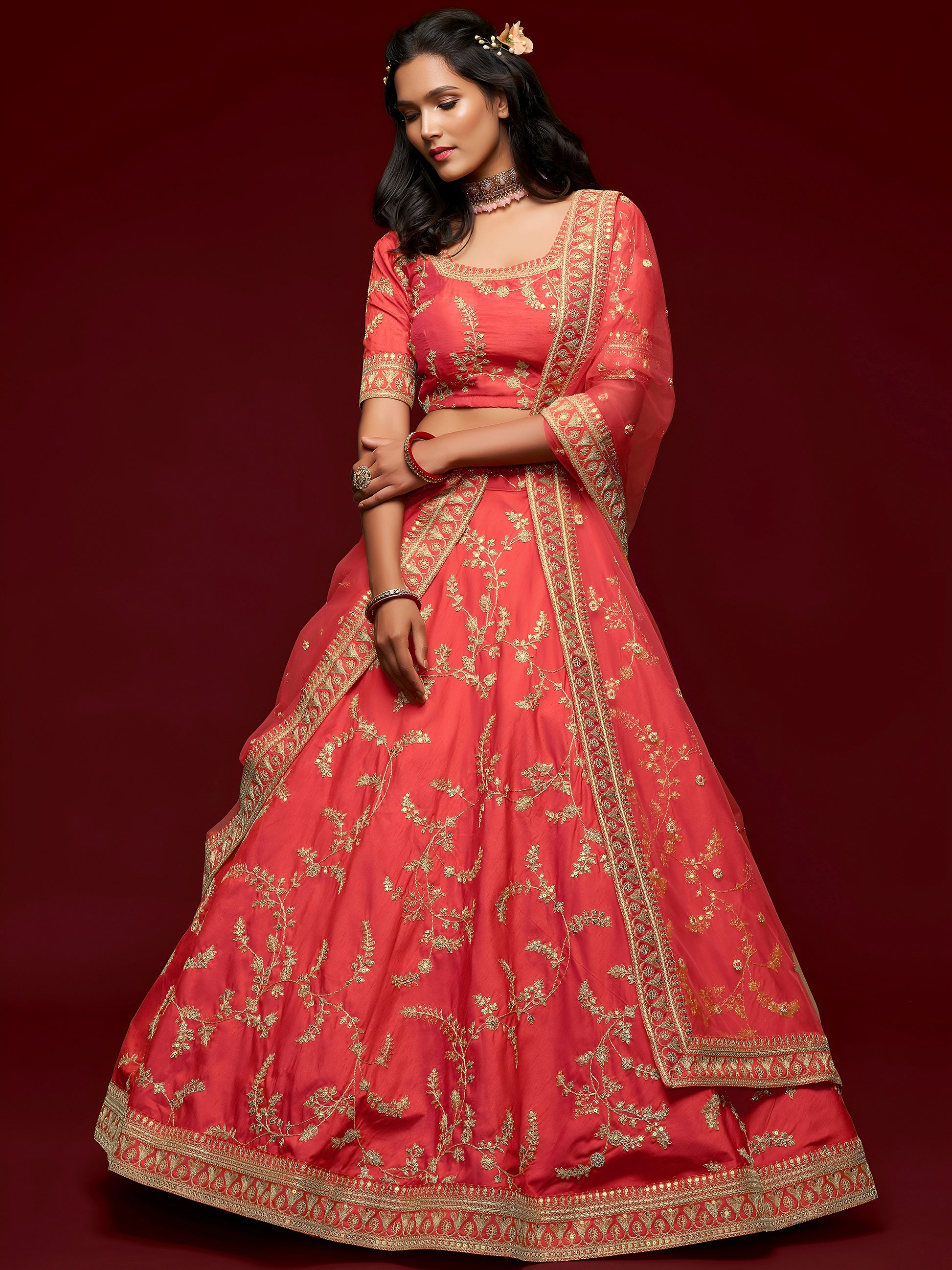 Satisfying Coral Red Thread Embroidery Art Silk Wedding Lehenga Choli