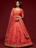 Satisfying Coral Red Thread Embroidery Art Silk Wedding Lehenga Choli