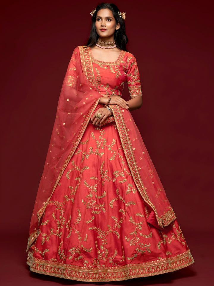 Satisfying Coral Red Thread Embroidery Art Silk Wedding Lehenga Choli