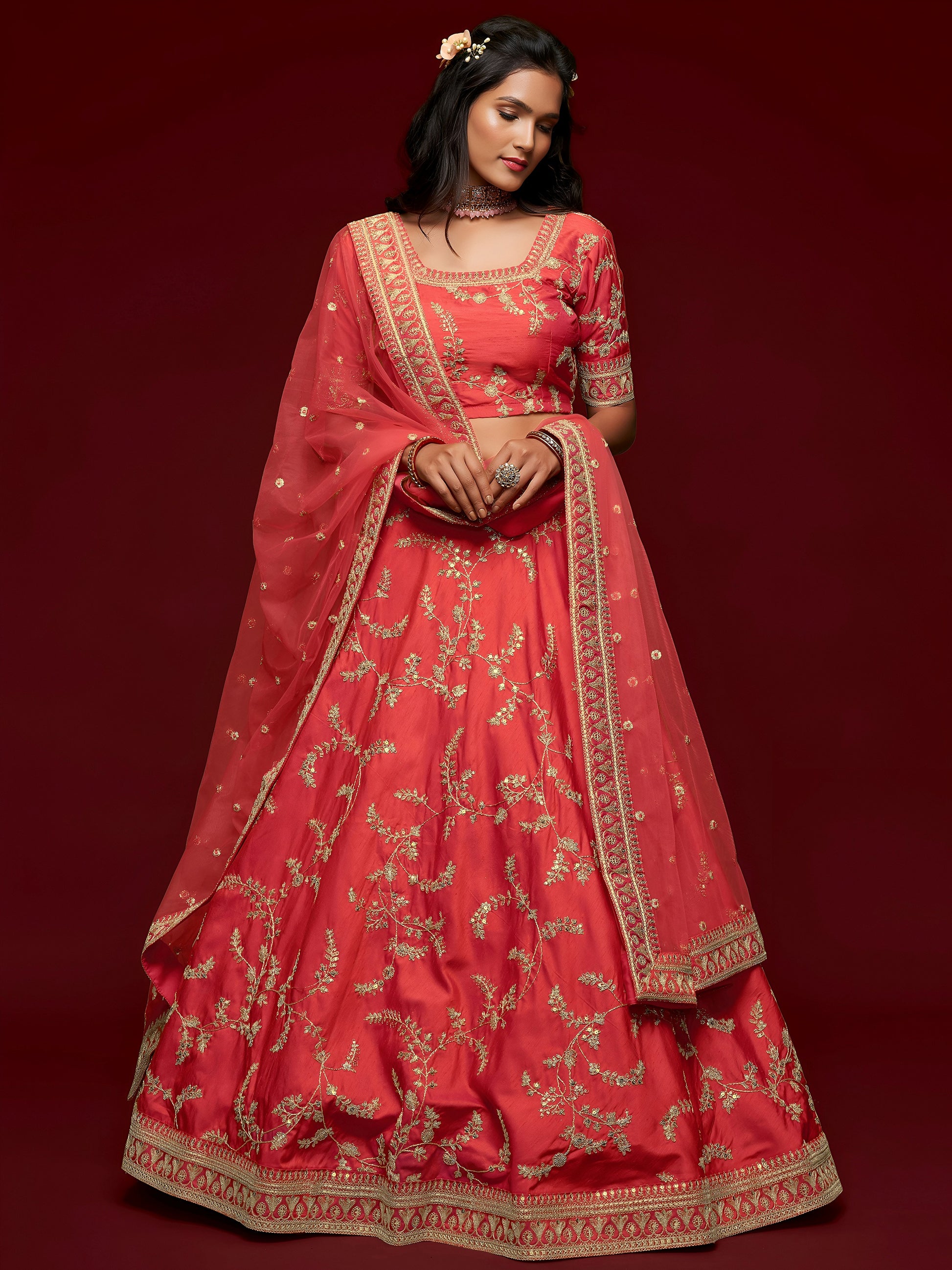 Satisfying Coral Red Thread Embroidery Art Silk Wedding Lehenga Choli