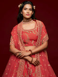 Satisfying Coral Red Thread Embroidery Art Silk Wedding Lehenga Choli
