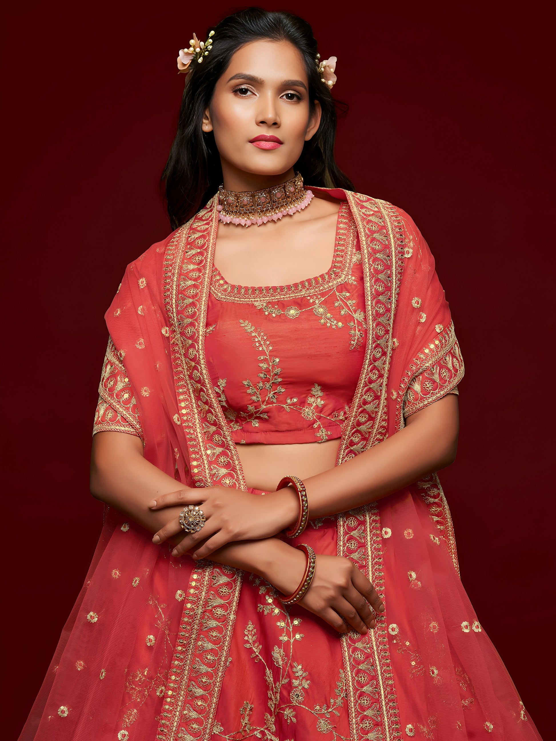 Satisfying Coral Red Thread Embroidery Art Silk Wedding Lehenga Choli