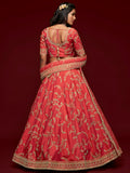 Satisfying Coral Red Thread Embroidery Art Silk Wedding Lehenga Choli