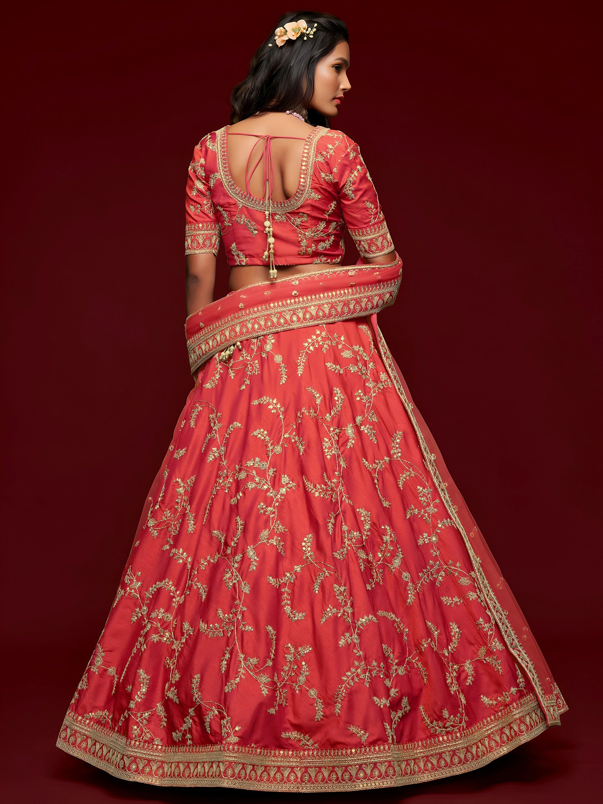 Satisfying Coral Red Thread Embroidery Art Silk Wedding Lehenga Choli