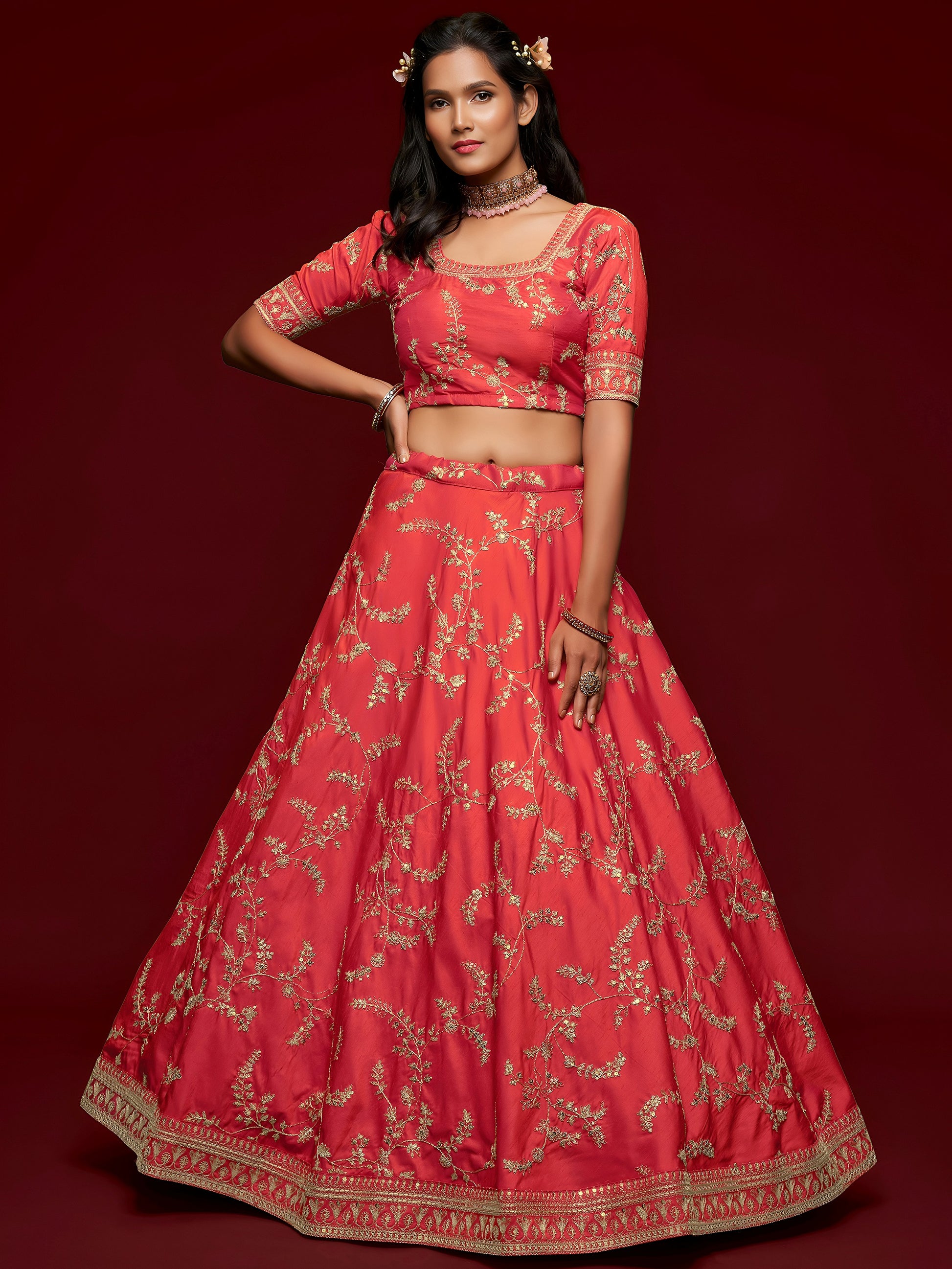 Satisfying Coral Red Thread Embroidery Art Silk Wedding Lehenga Choli