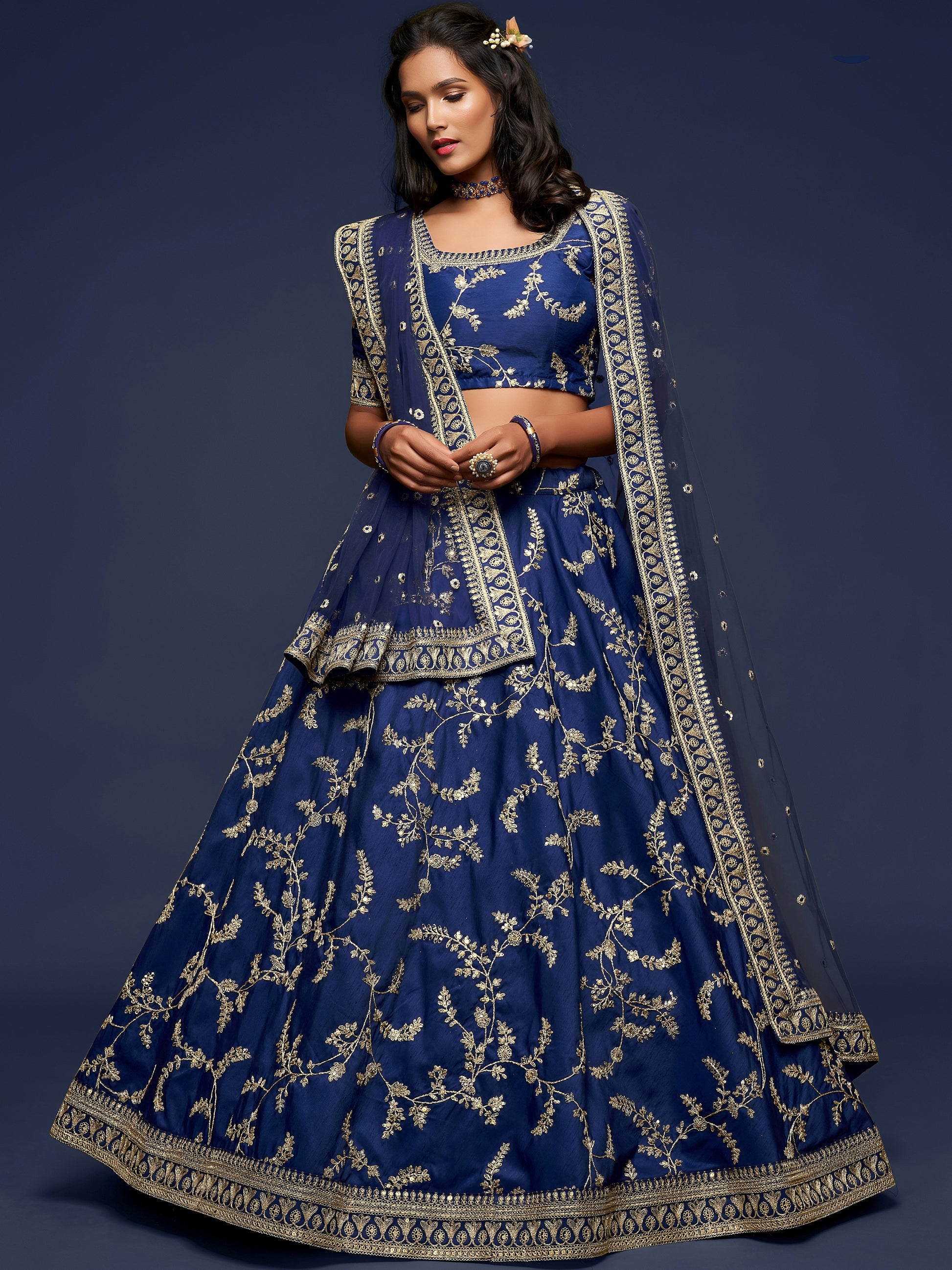Enjoyable Blue Thread Embroidery Art Silk Wedding Lehenga Choli