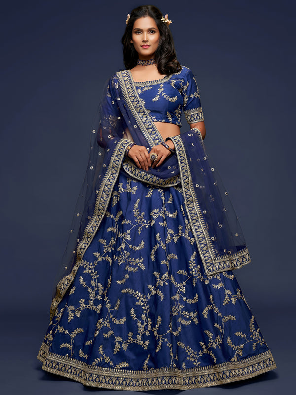 Enjoyable Blue Thread Embroidery Art Silk Wedding Lehenga Choli