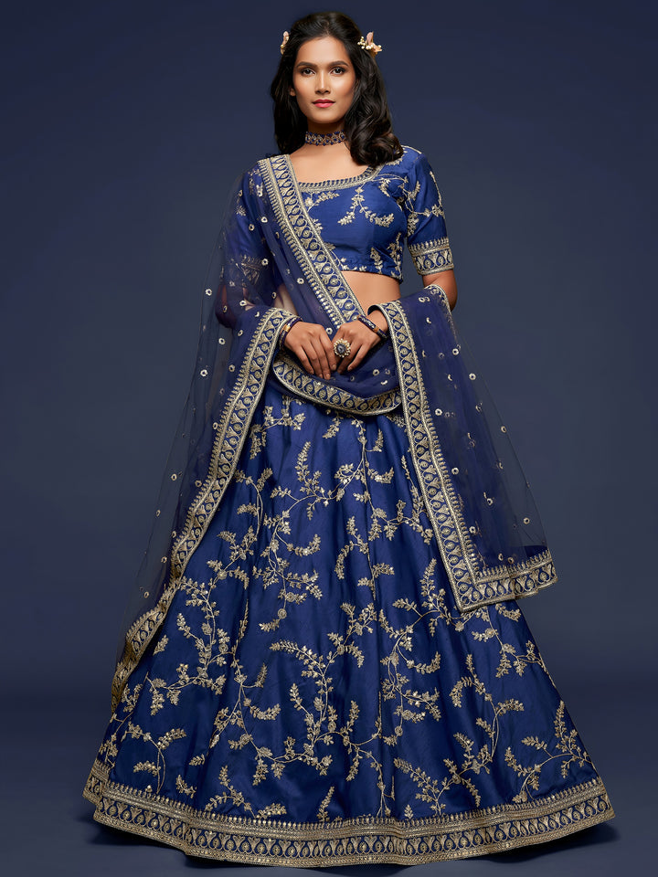 Enjoyable Blue Thread Embroidery Art Silk Wedding Lehenga Choli
