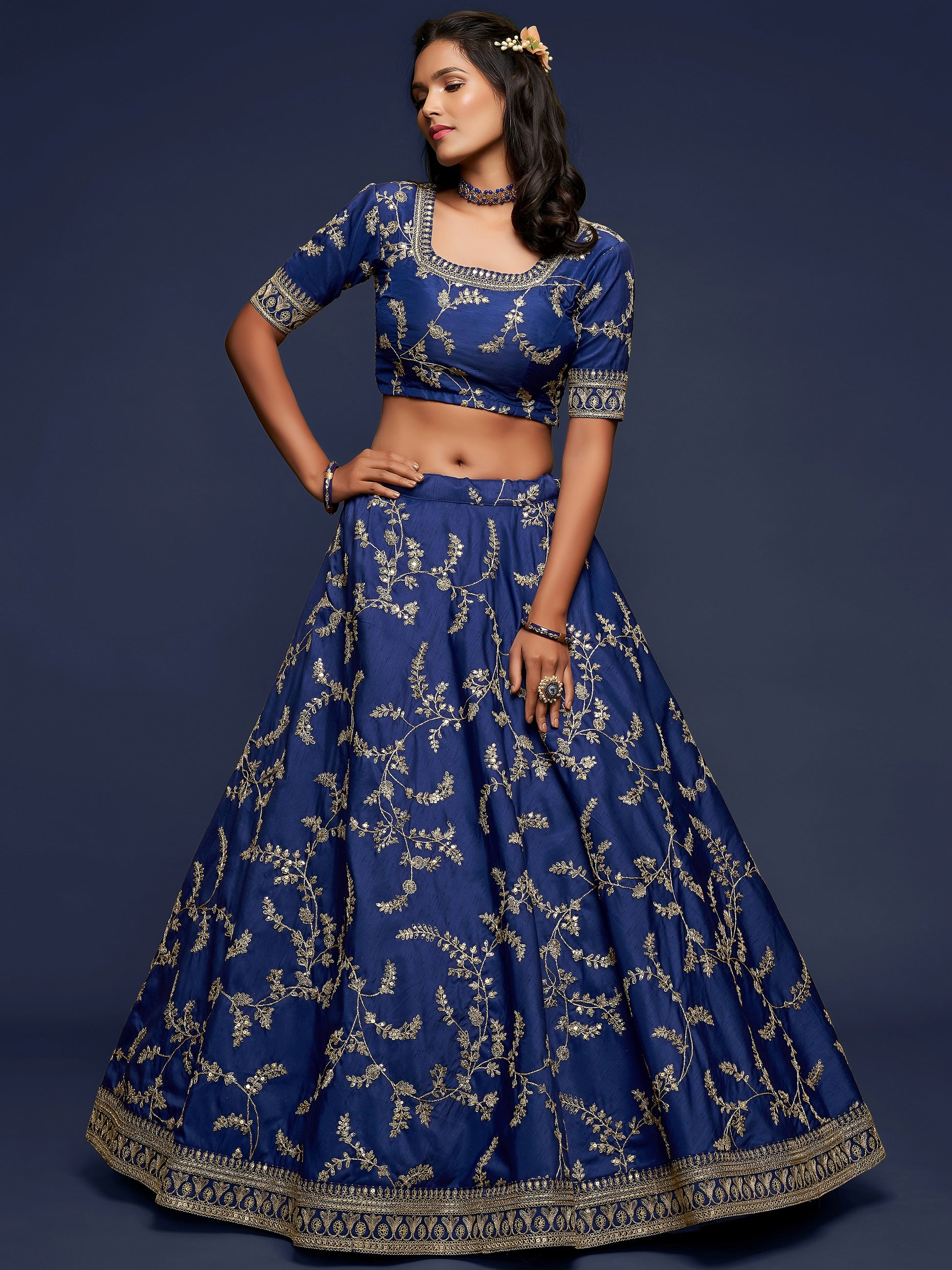 Enjoyable Blue Thread Embroidery Art Silk Wedding Lehenga Choli
