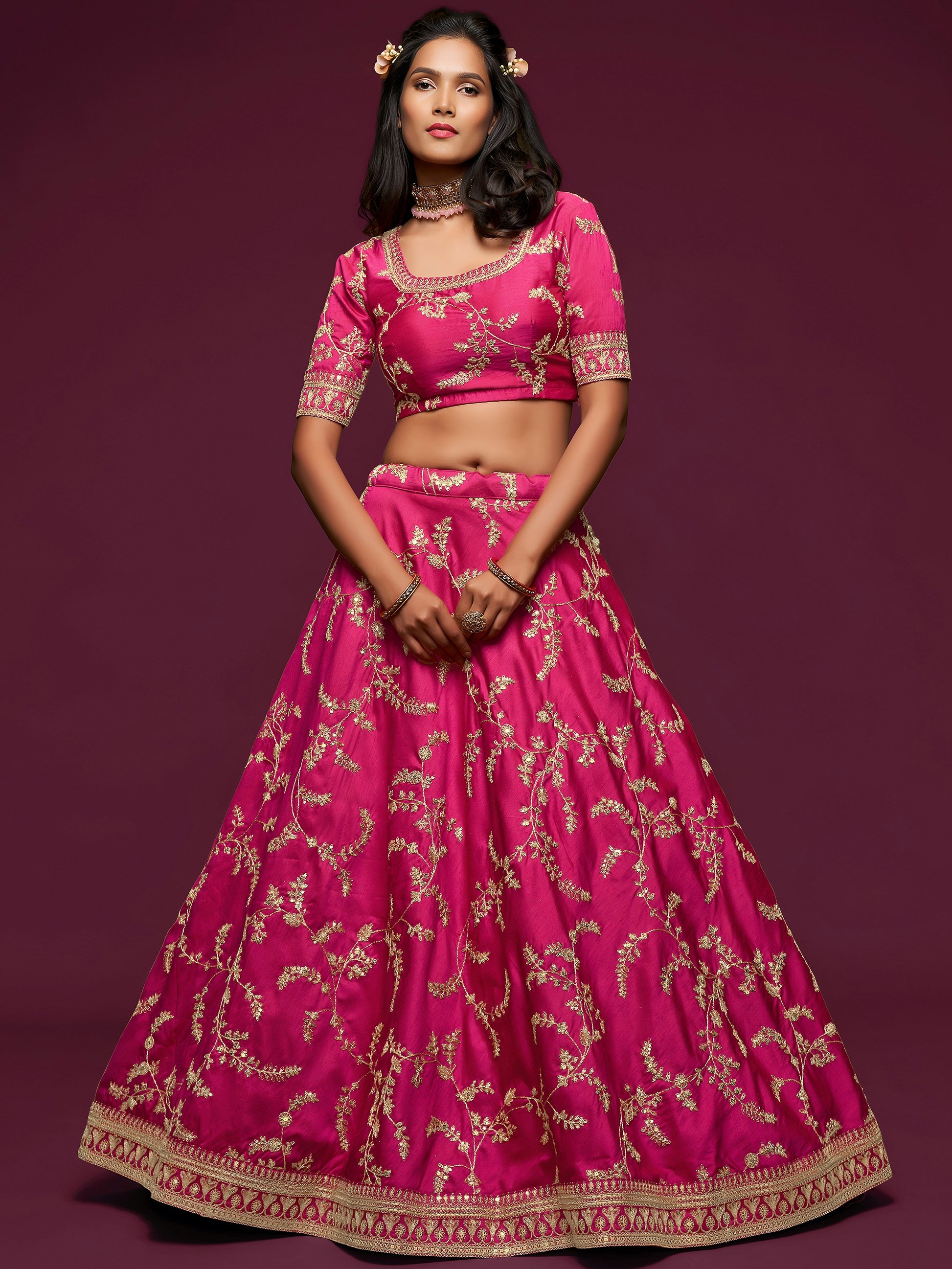 Delightful Pink Thread Embroidery Art Silk Wedding Lehenga Choli