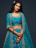 Pleasant Teal Blue Thread Embroidery Art Silk Wedding Lehenga Choli