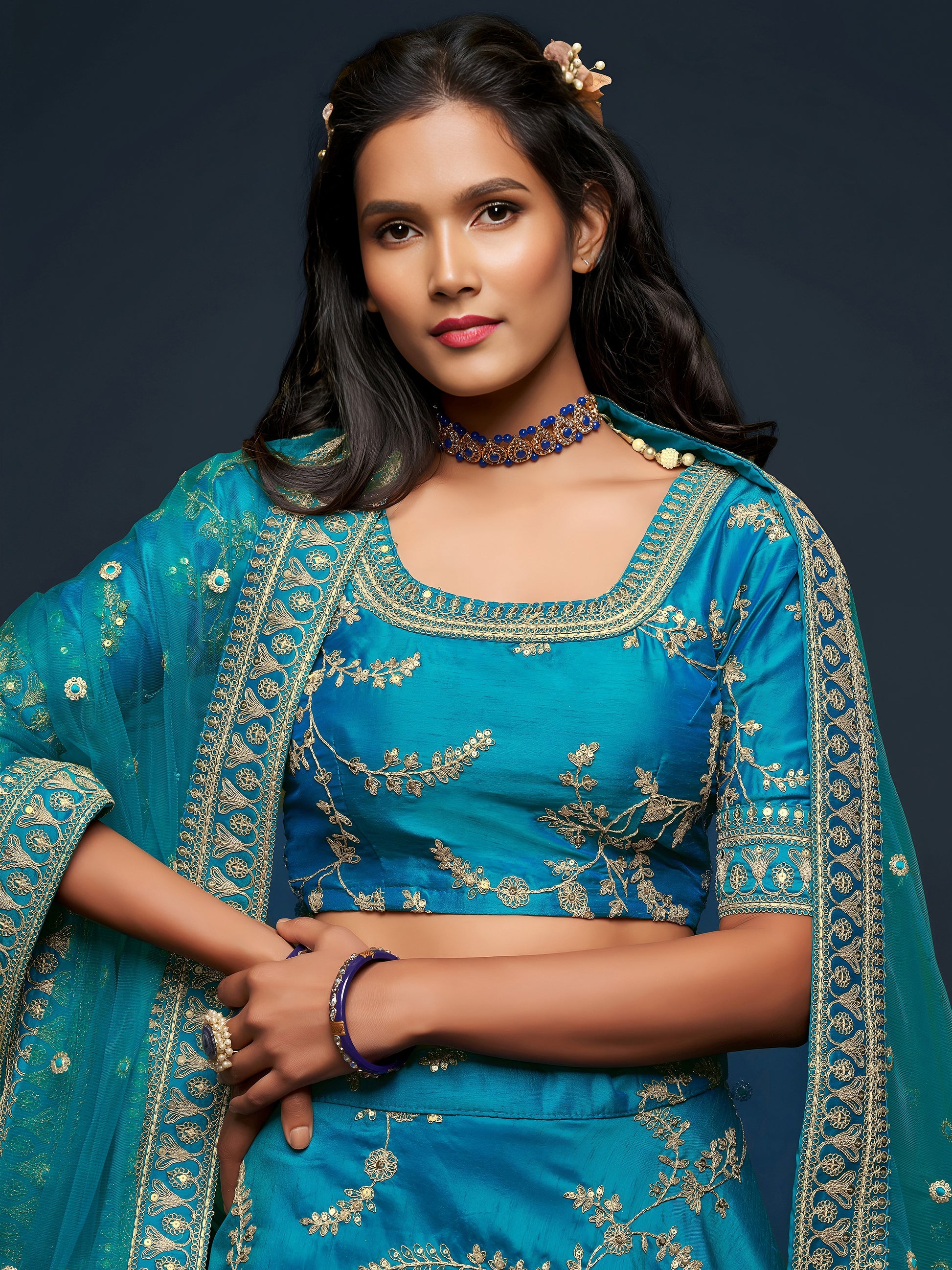 Pleasant Teal Blue Thread Embroidery Art Silk Wedding Lehenga Choli