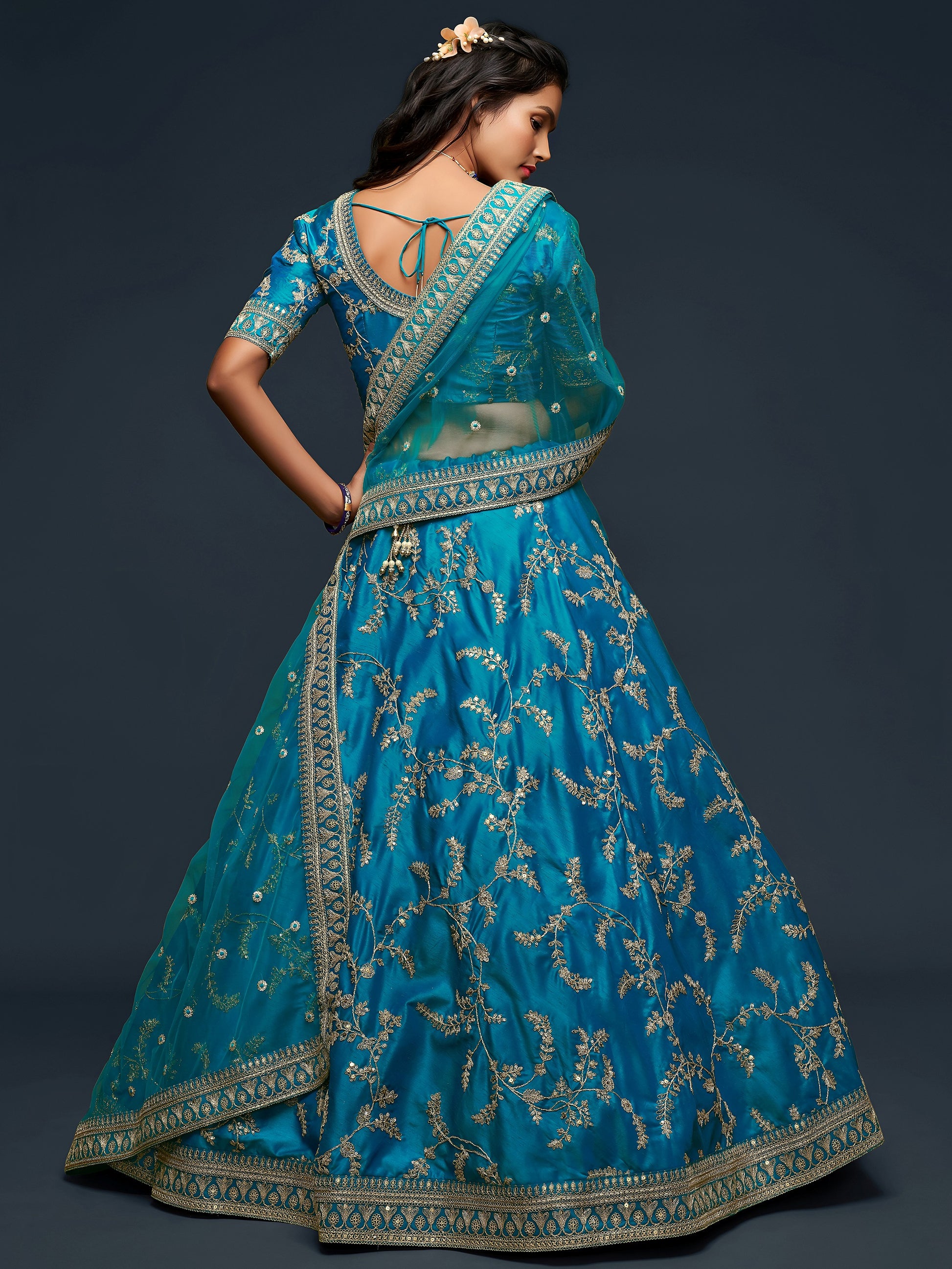Pleasant Teal Blue Thread Embroidery Art Silk Wedding Lehenga Choli