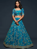 Pleasant Teal Blue Thread Embroidery Art Silk Wedding Lehenga Choli