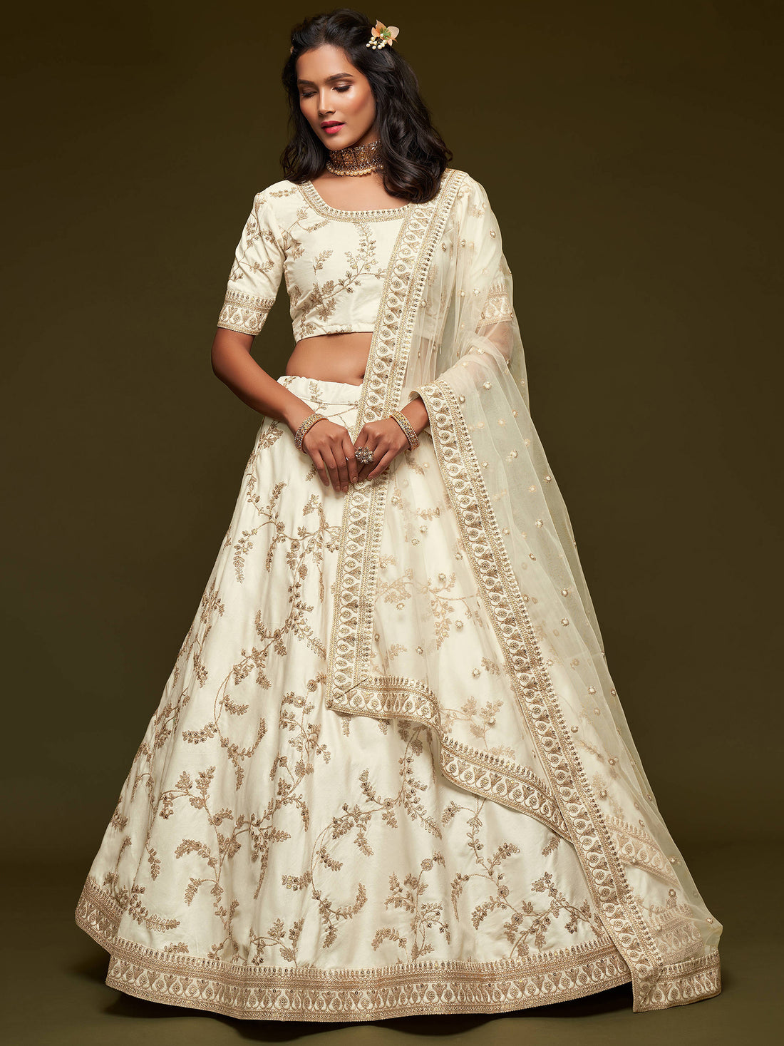 Agreeable White Thread Embroidery Art Silk Wedding Lehenga Choli