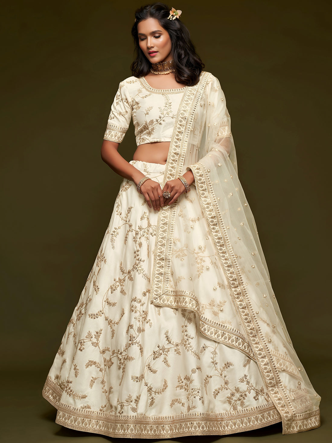 Agreeable White Thread Embroidery Art Silk Wedding Lehenga Choli