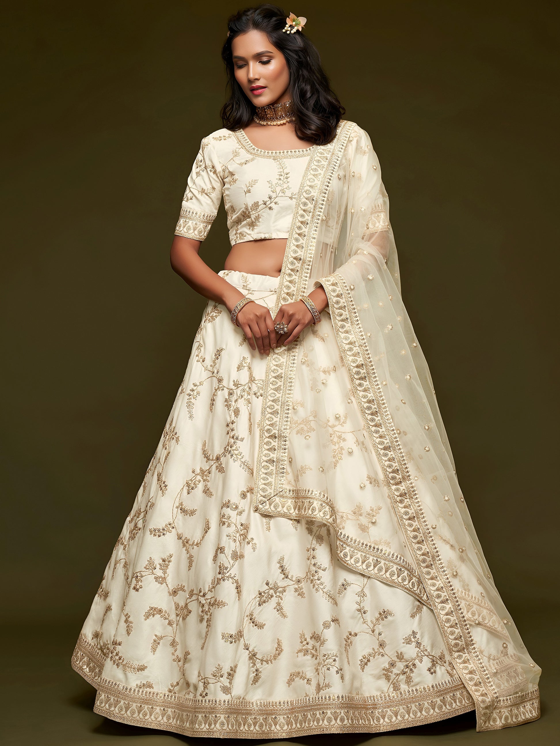Agreeable White Thread Embroidery Art Silk Wedding Lehenga Choli