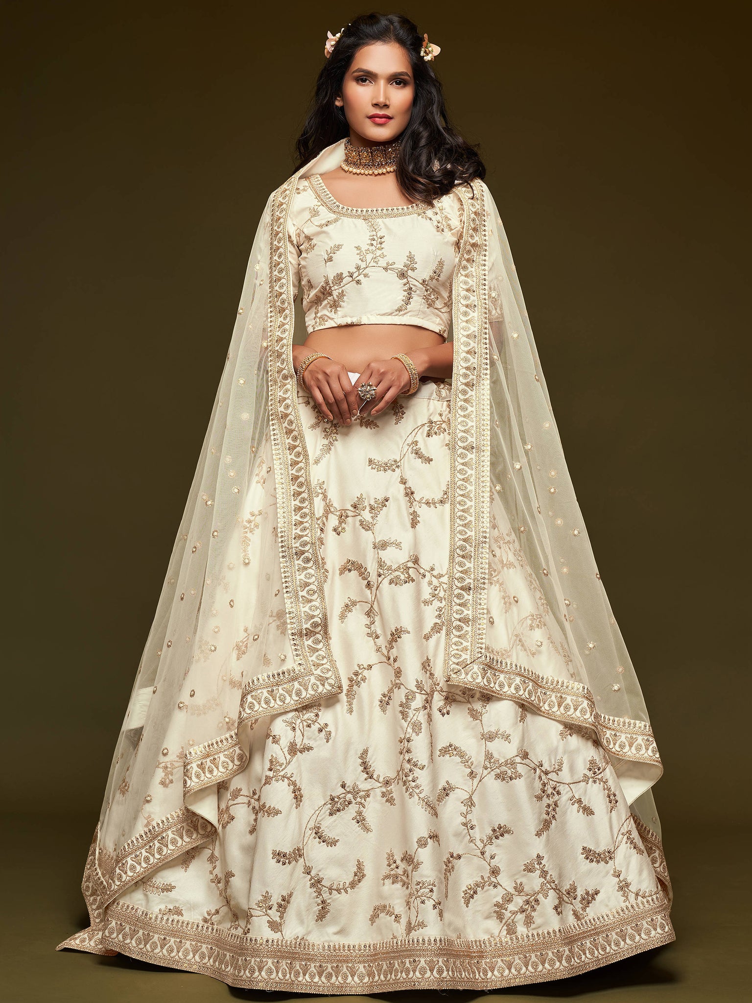 Agreeable White Thread Embroidery Art Silk Wedding Lehenga Choli