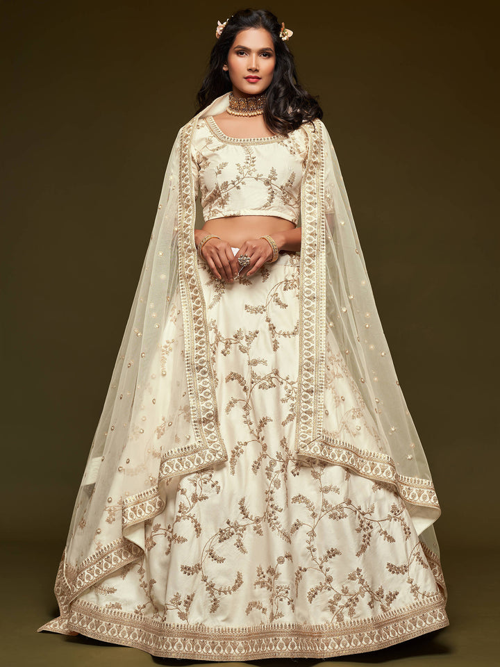 Agreeable White Thread Embroidery Art Silk Wedding Lehenga Choli